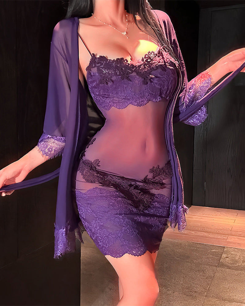 Solyne - Spaghetti Strap Lace Mesh Pyjamas Set