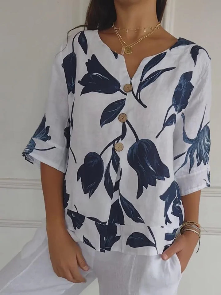 Nivara - V-Neck Cotton-Linen Tunic Top