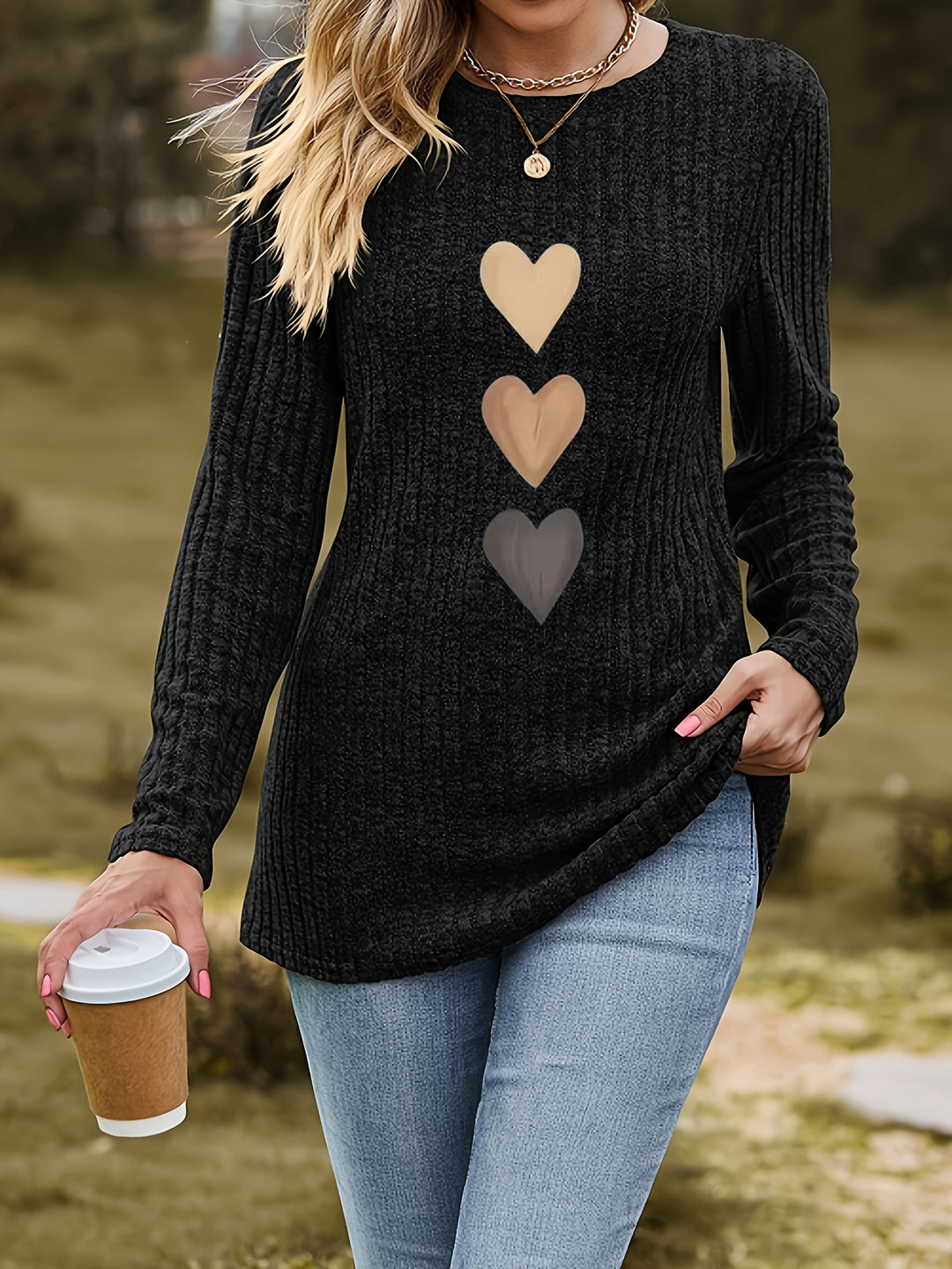 Mevara - Heart Print Rib Knit Top