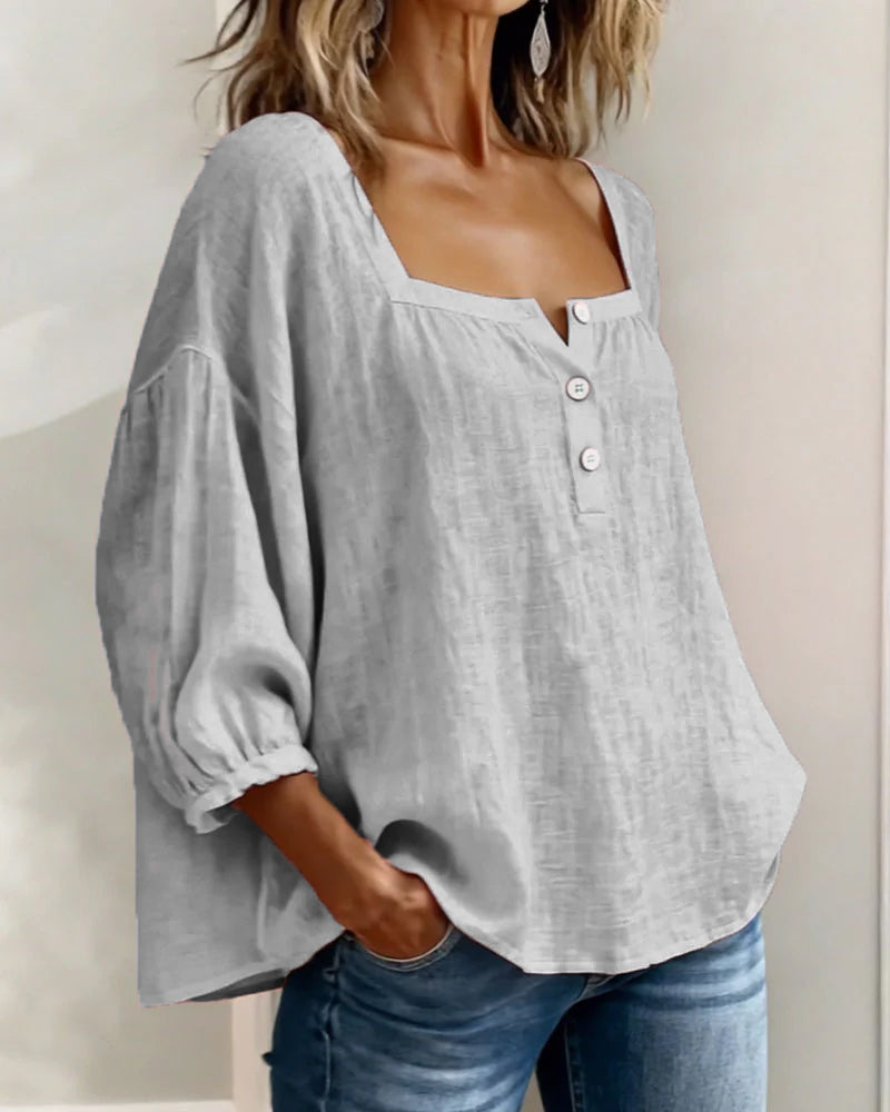 Sivara - Square Neck Cotton-Linen Blouse