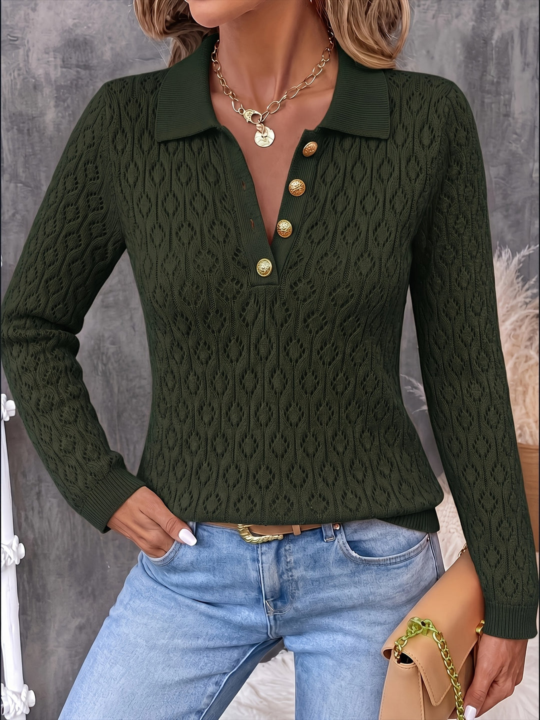 Avenya - Openwork Knit Polo Sweater