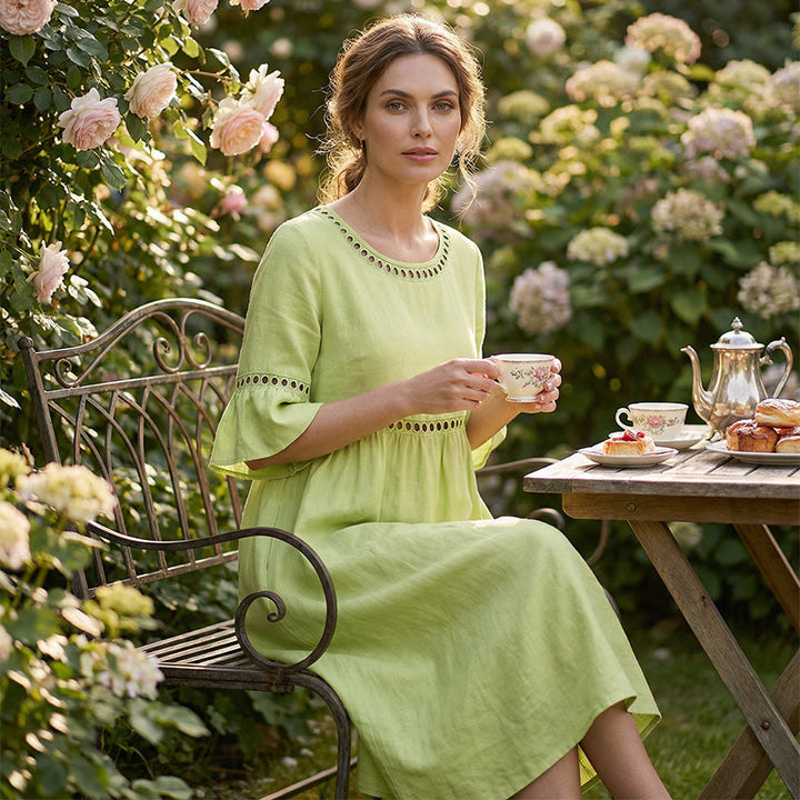 Lunira - Lace-Inset Cotton-Linen Midi Dress