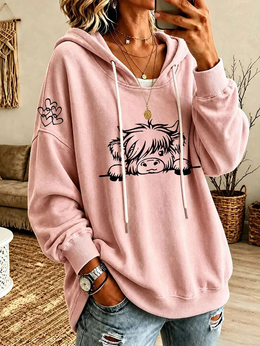 Noreli - Allover Highland Cattle Print Knit Hoodie