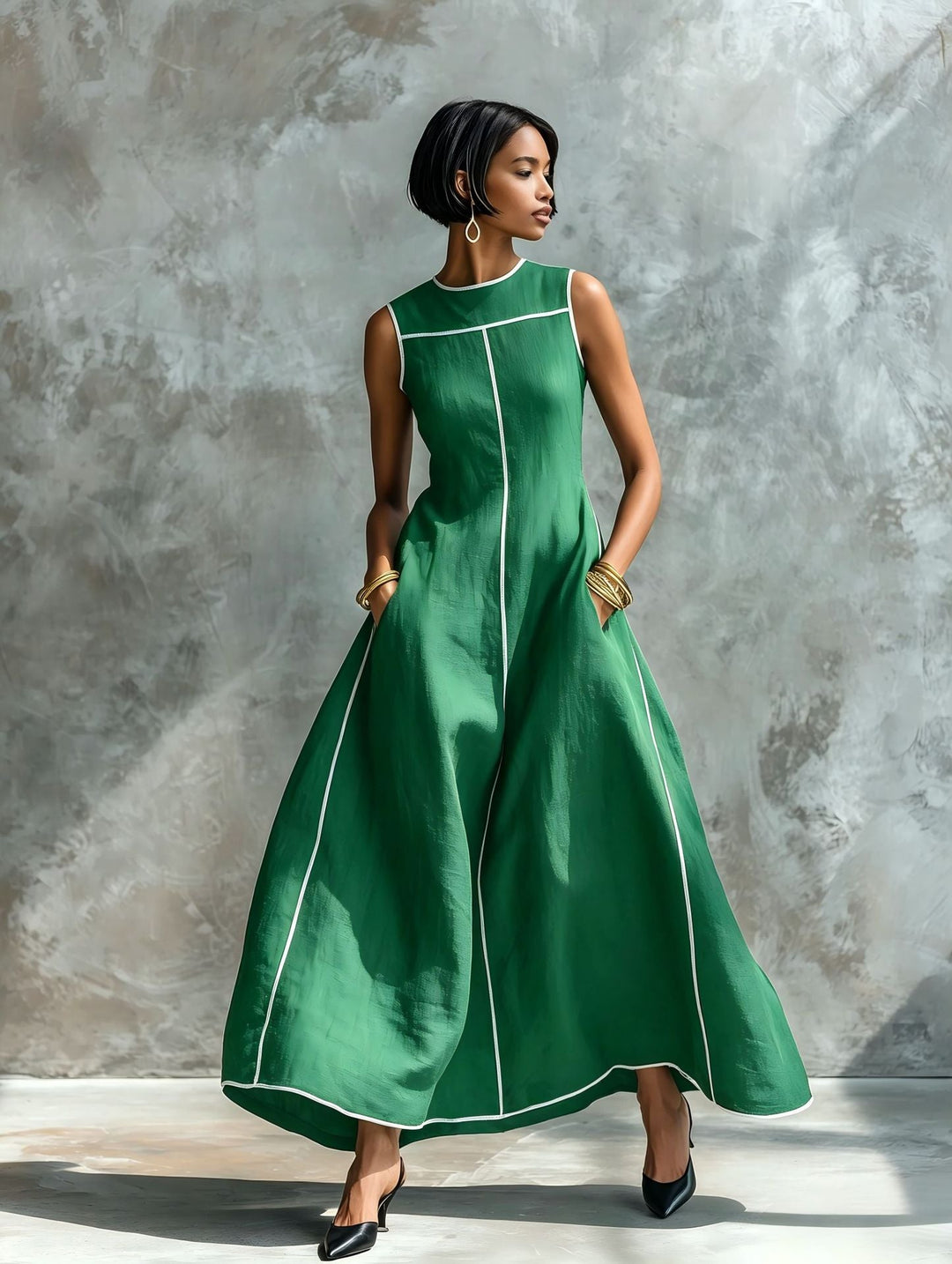 Veyla - Contrast Piping Linen-Blend Maxi Dress