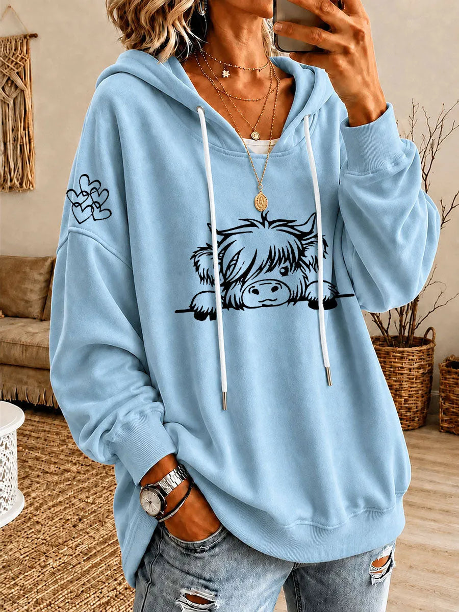 Noreli - Allover Highland Cattle Print Knit Hoodie