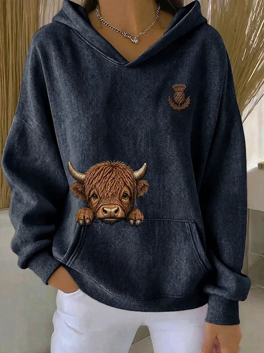 Sorali - Allover Highland Cattle Print Knit Hoodie
