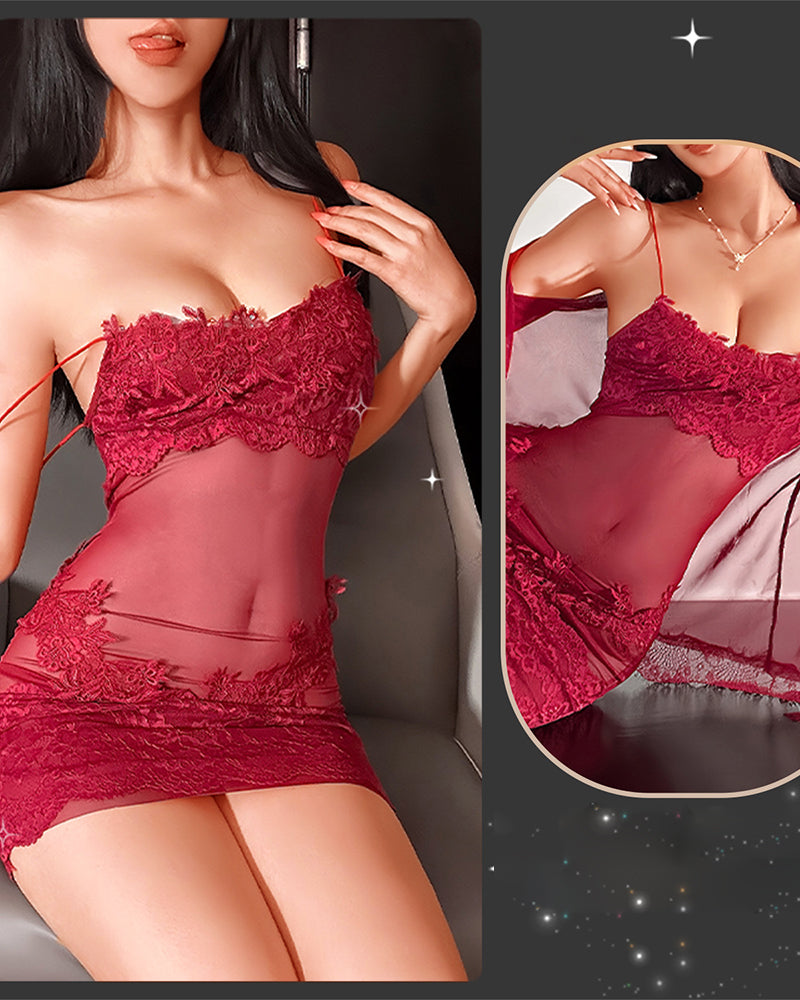 Solyne - Spaghetti Strap Lace Mesh Pyjamas Set