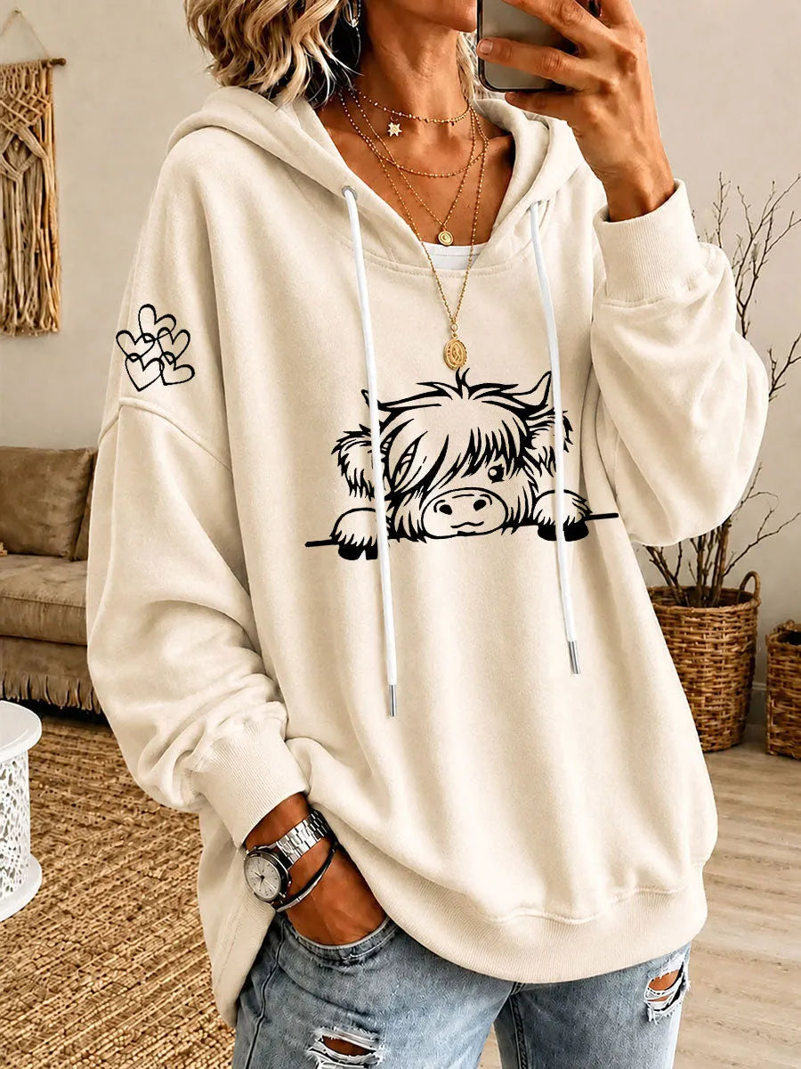 Noreli - Allover Highland Cattle Print Knit Hoodie