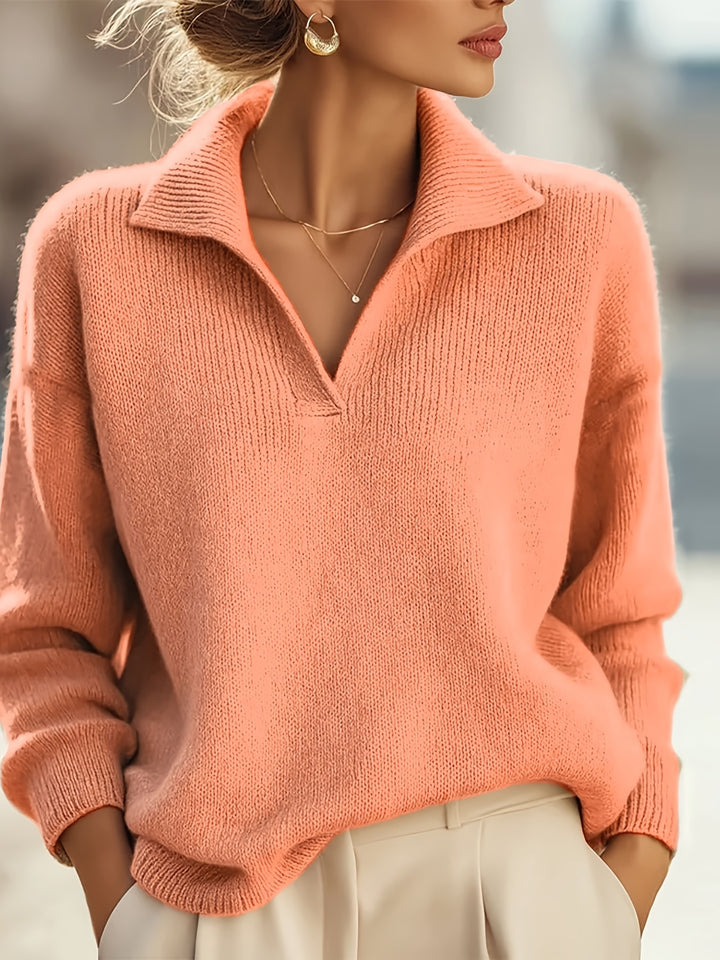 Rilena - V-Neck Rib-Knit Polo Sweater