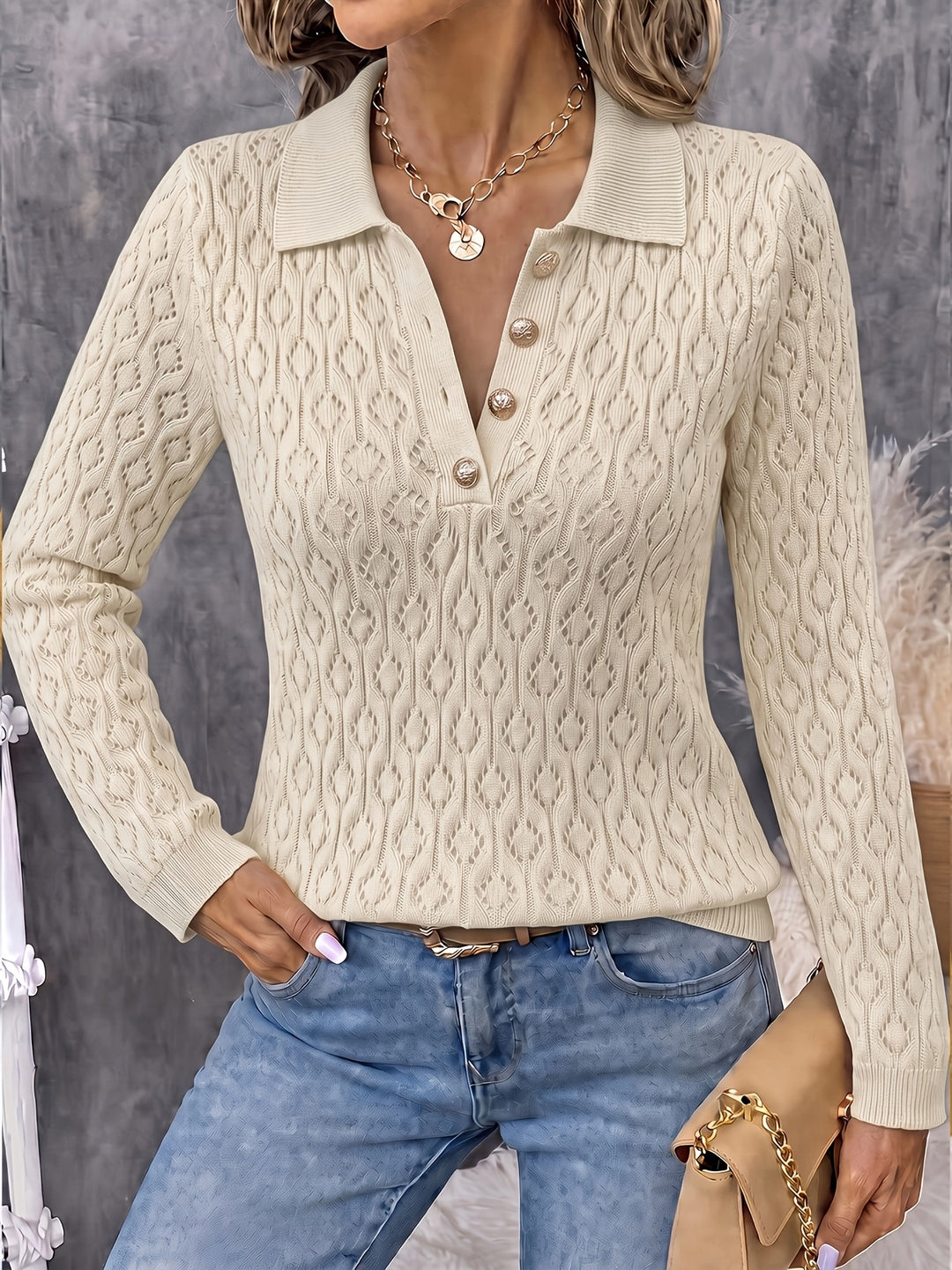 Avenya - Openwork Knit Polo Sweater