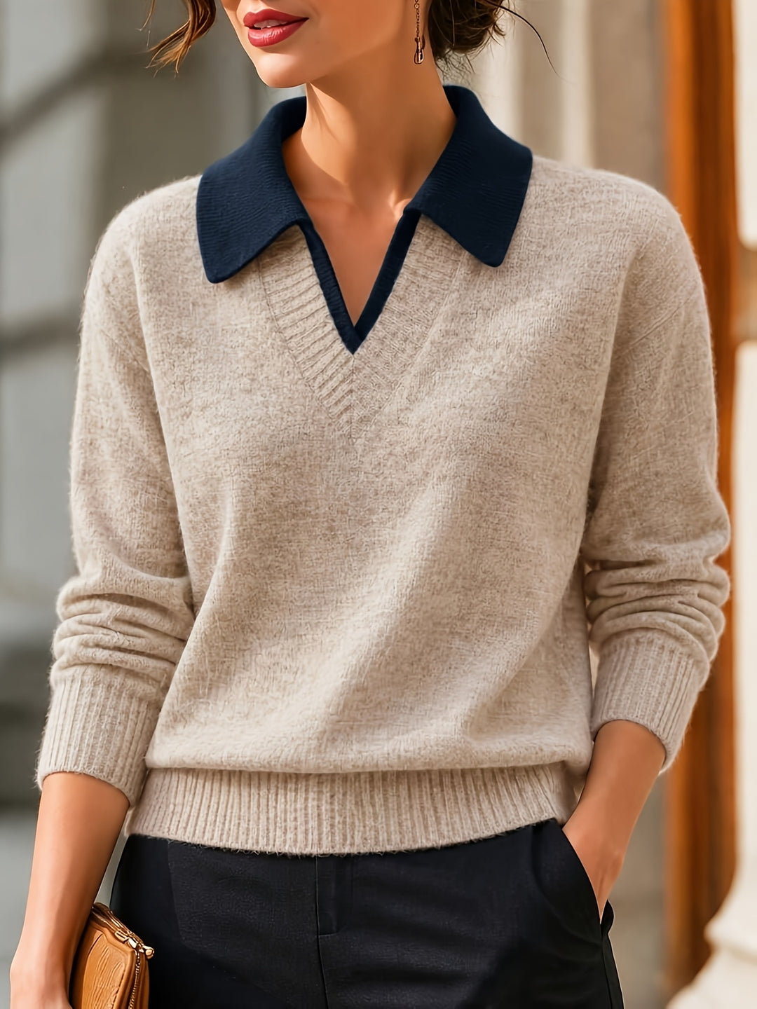 Cirelle - Double-Layered Contrast Collar Knit Pullover Sweater