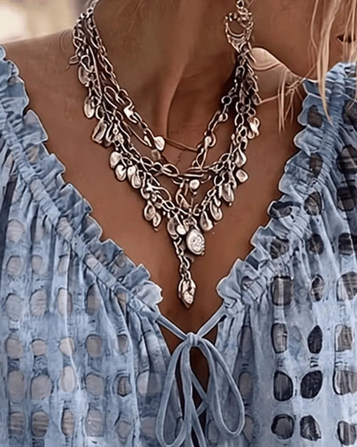 Noreli - Lace-Up V-Neck Cotton-Blend Blouse