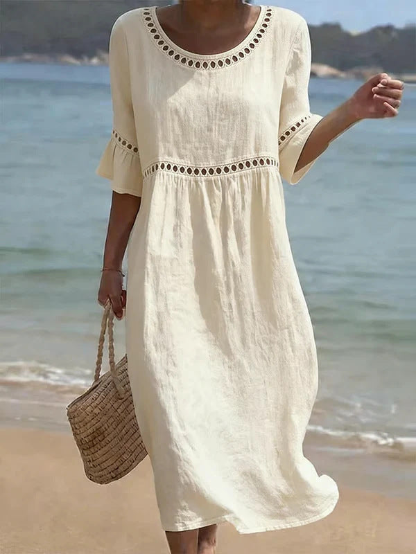 Lunira - Lace-Inset Cotton-Linen Midi Dress