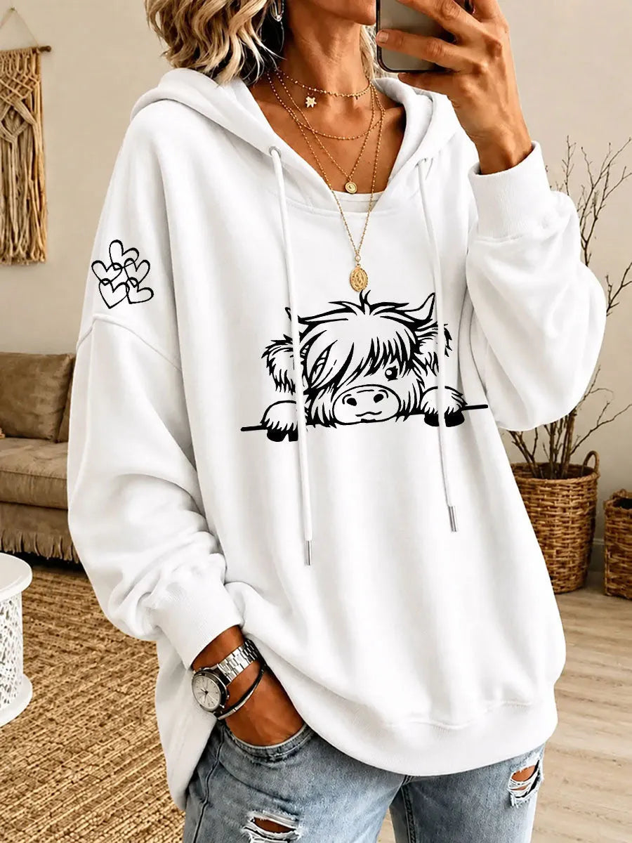 Noreli - Allover Highland Cattle Print Knit Hoodie