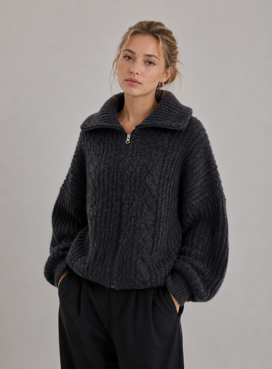 Velira - Zip-Front Cable Knit Cardigan