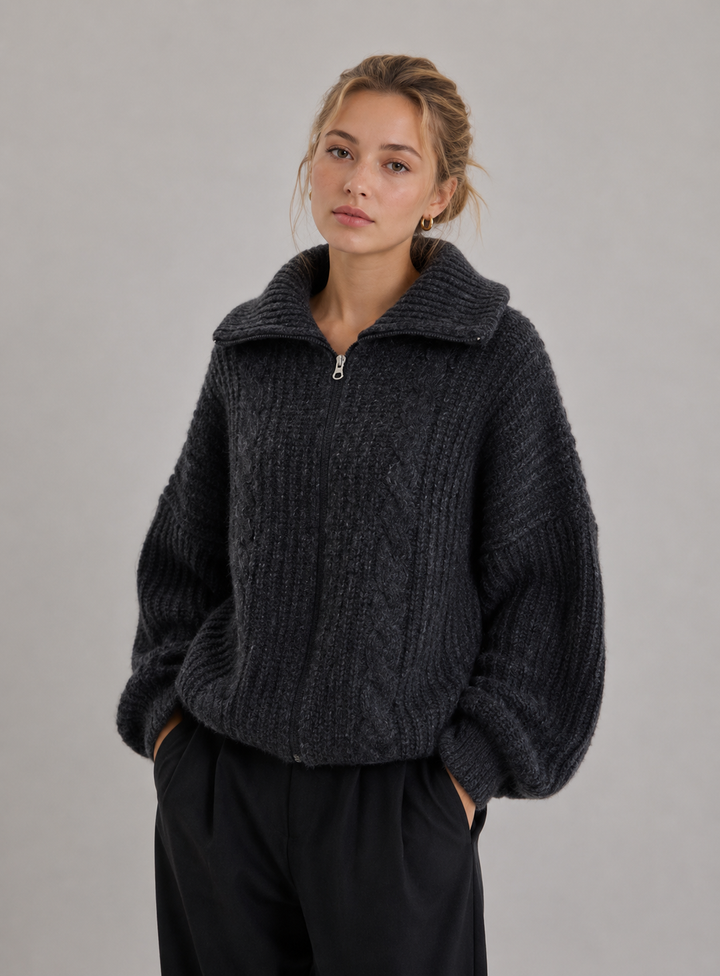 Velira - Zip-Front Cable Knit Cardigan