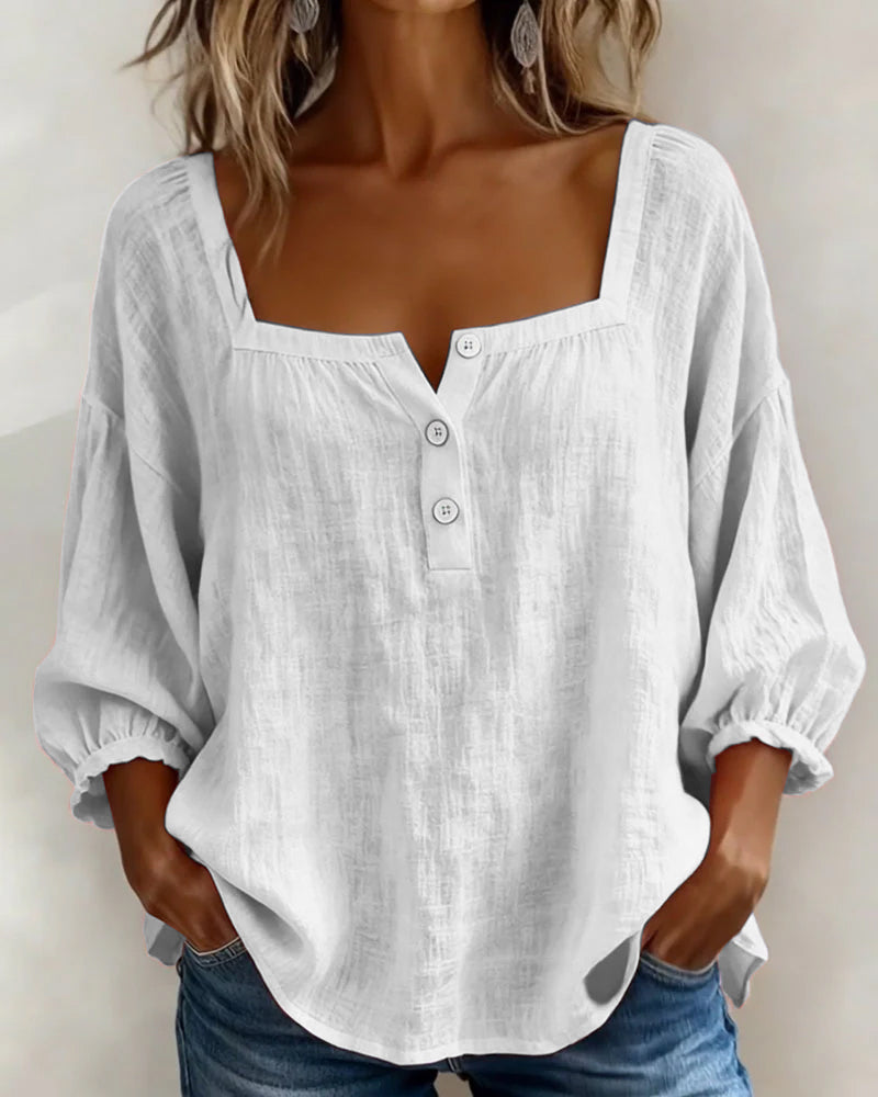 Sivara - Square Neck Cotton-Linen Blouse