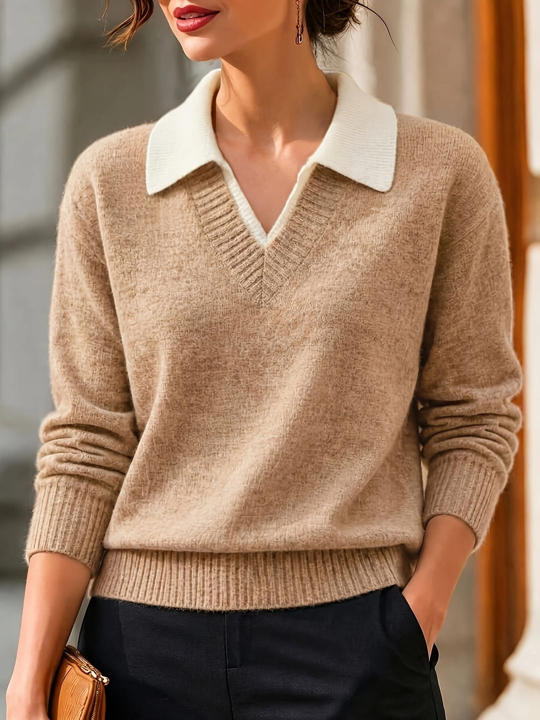 Cirelle - Double-Layered Contrast Collar Knit Pullover Sweater