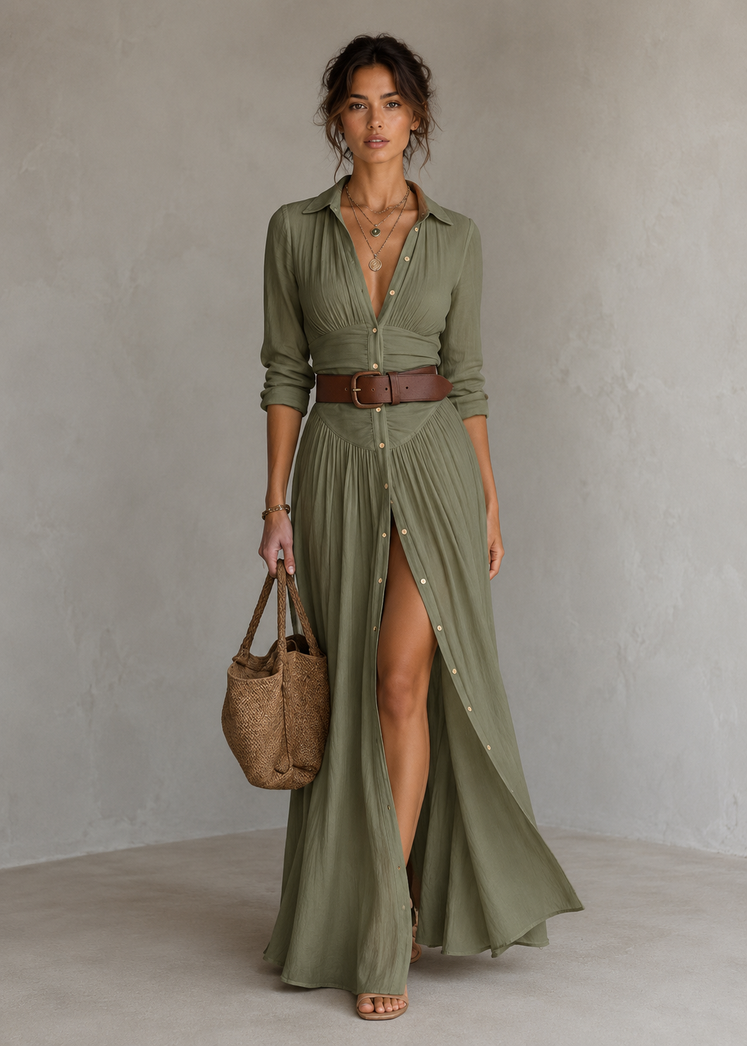 Mevara - Pleated Cotton-Linen Long Dress