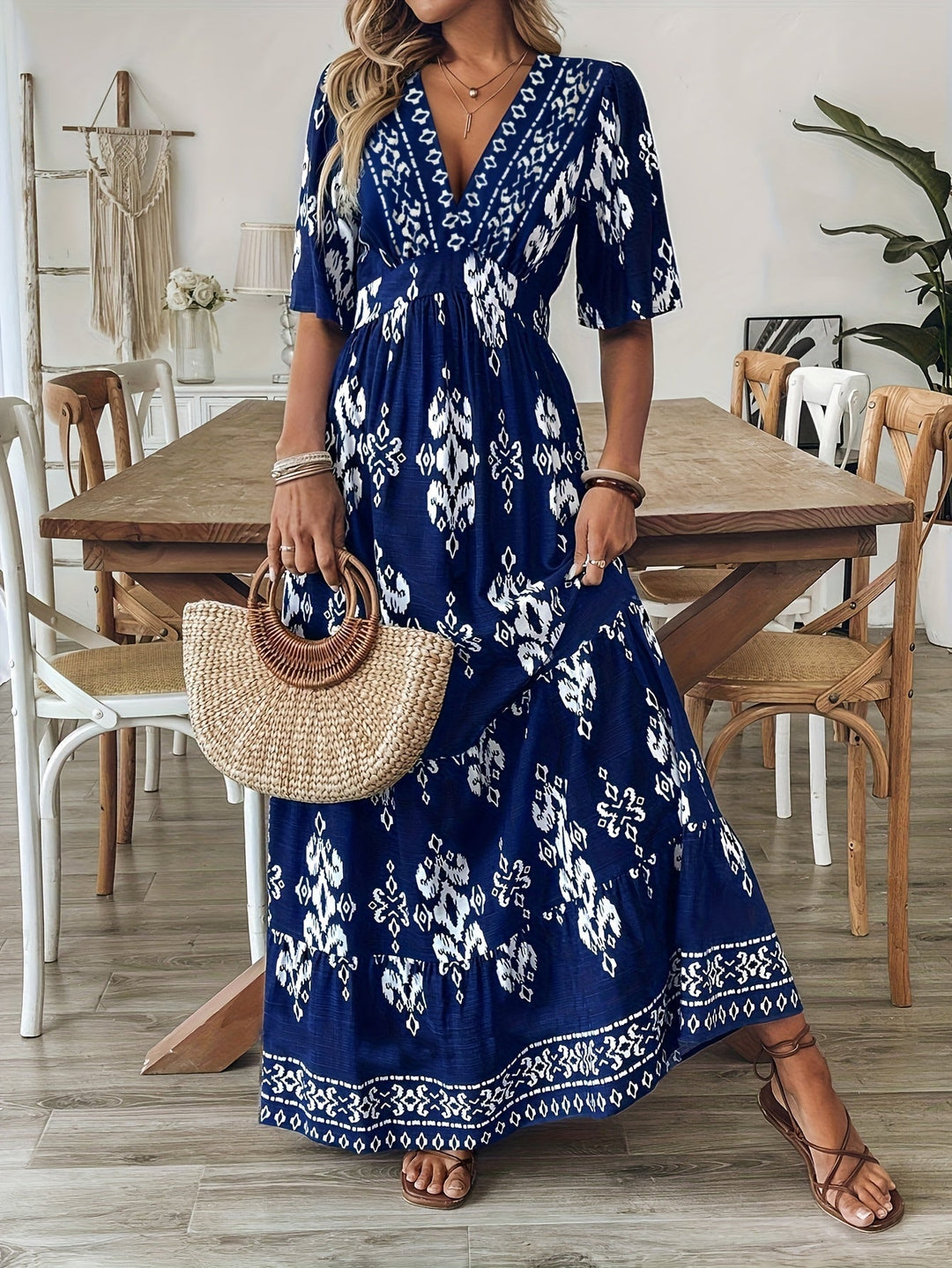 Nalira - V-Neck Printed Maxi Dress