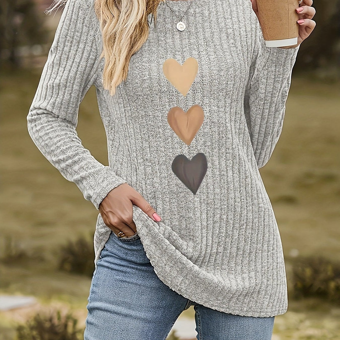 Mevara - Heart Print Rib Knit Top