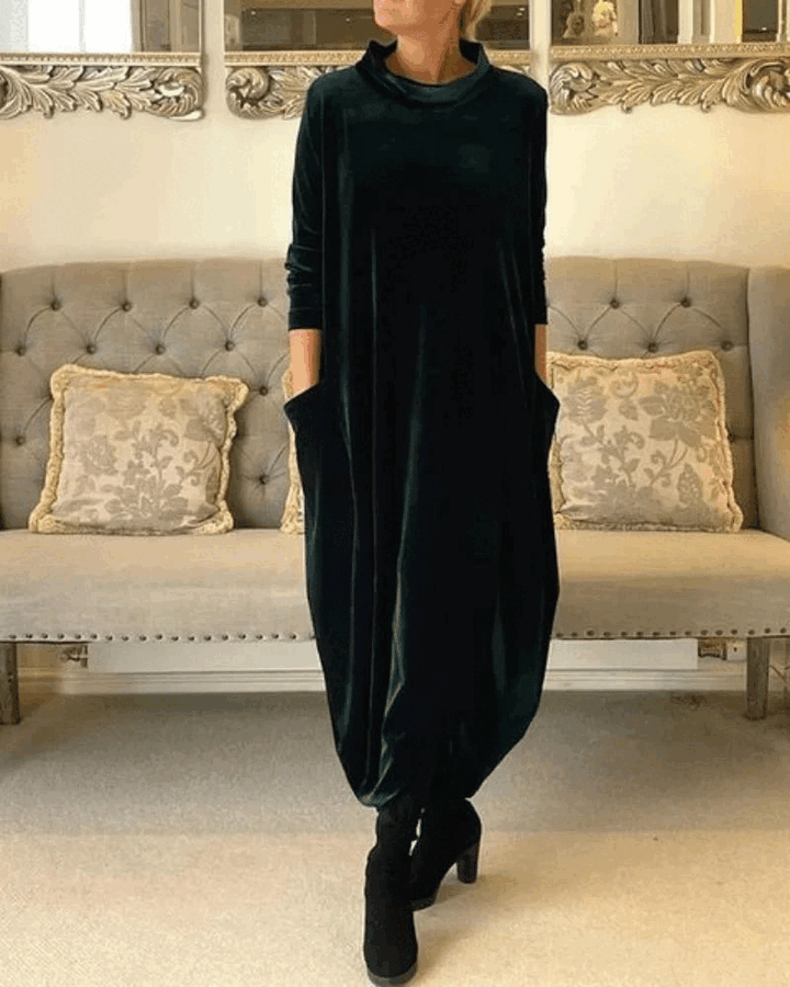 Avenya - High-Collar Velvet Long Dress