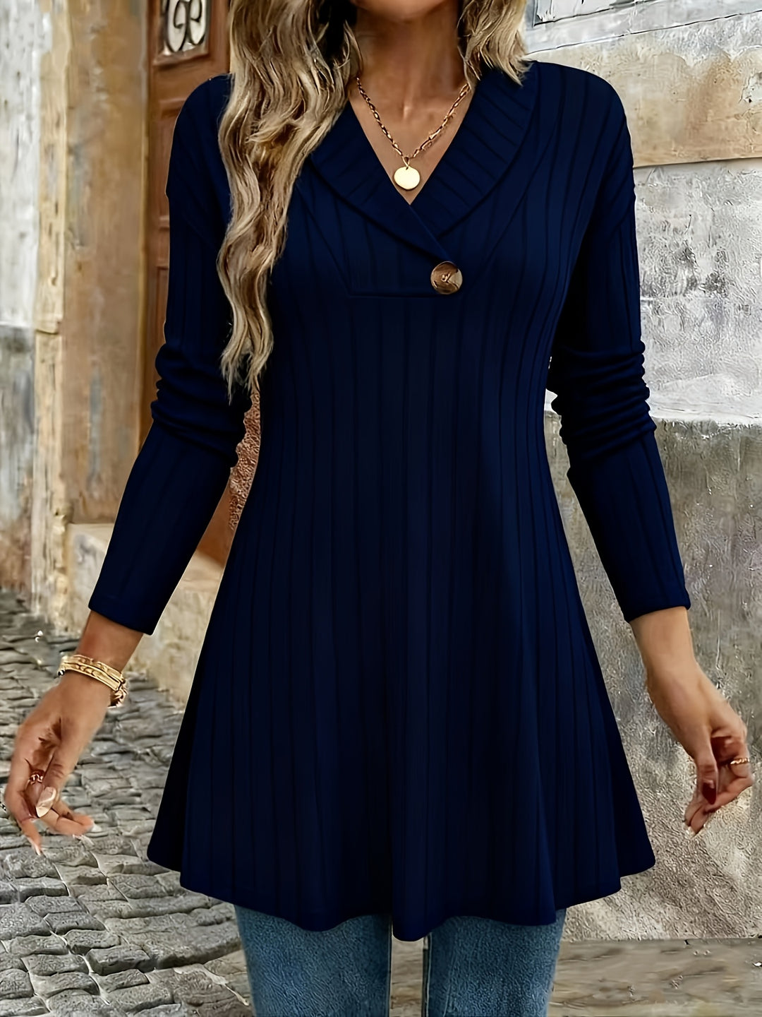 Novira - Lapel V-Neck Rib Knit T-Shirt