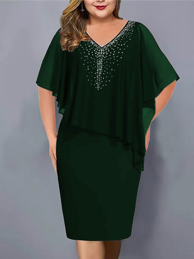 Virela - Rhinestone V-Neck Chiffon Midi Dress