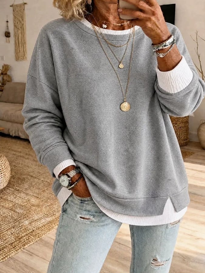 Vesara - Color-Block Faux-Layer Cotton Sweatshirt