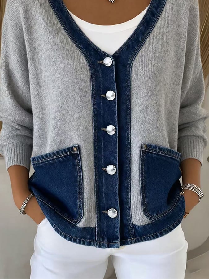 Ilyra - Denim Patchwork Knit Cardigan