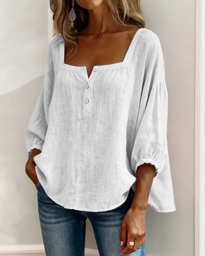 Sivara - Square Neck Cotton-Linen Blouse