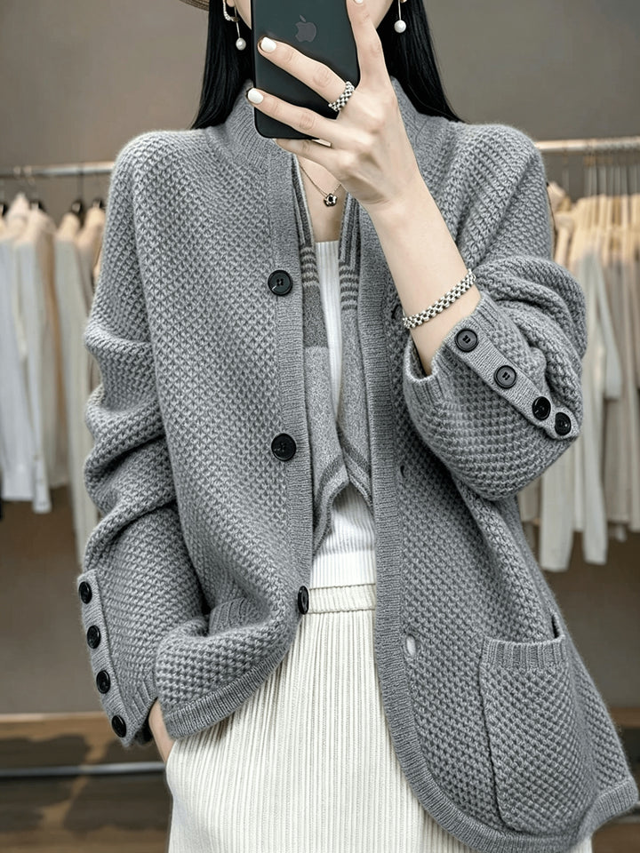 Vesara - High-Neck Knit Cardigan