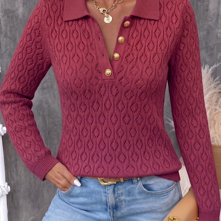 Avenya - Openwork Knit Polo Sweater