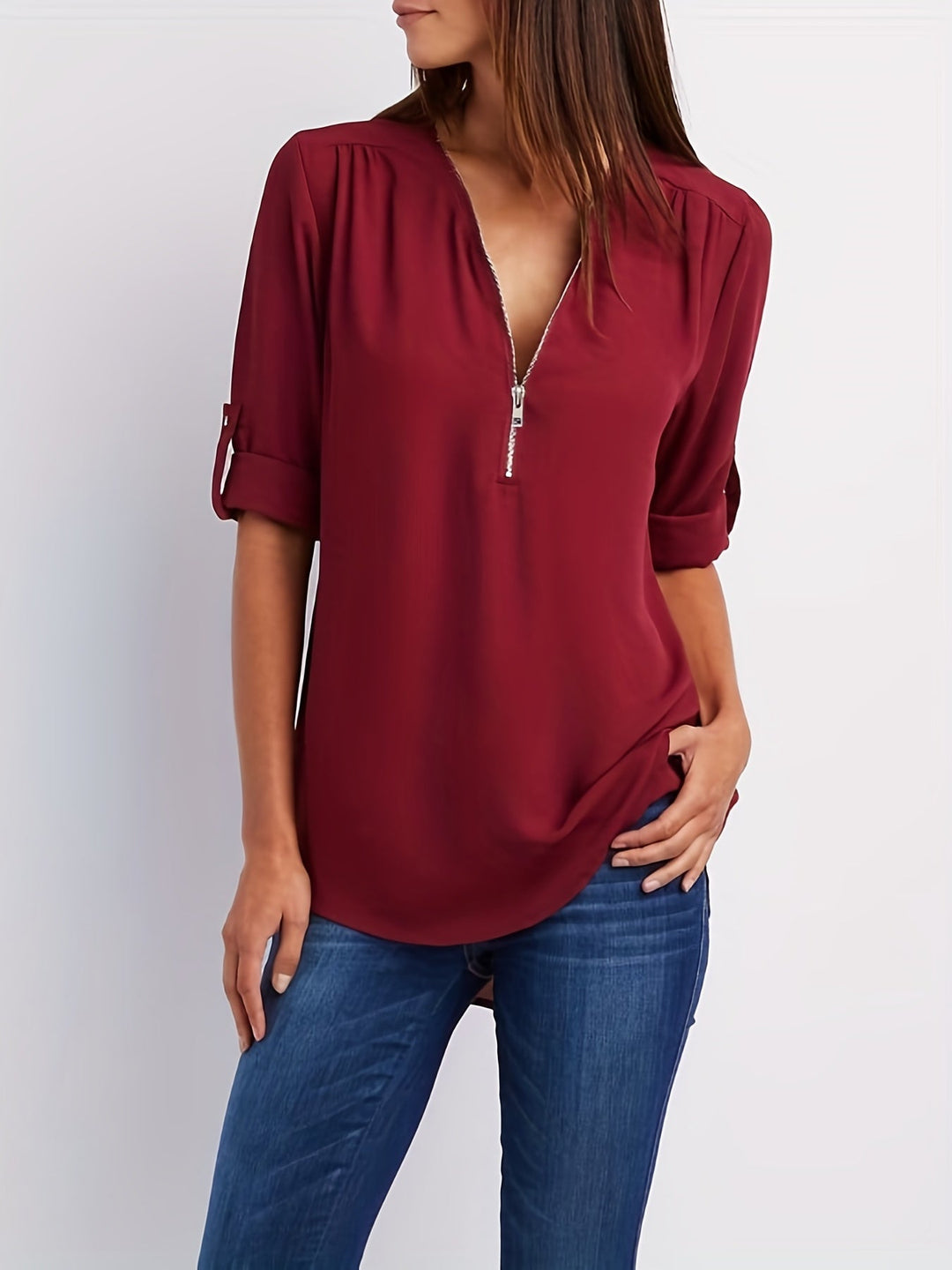 Nivara - Zip V-Neck Woven Blouse