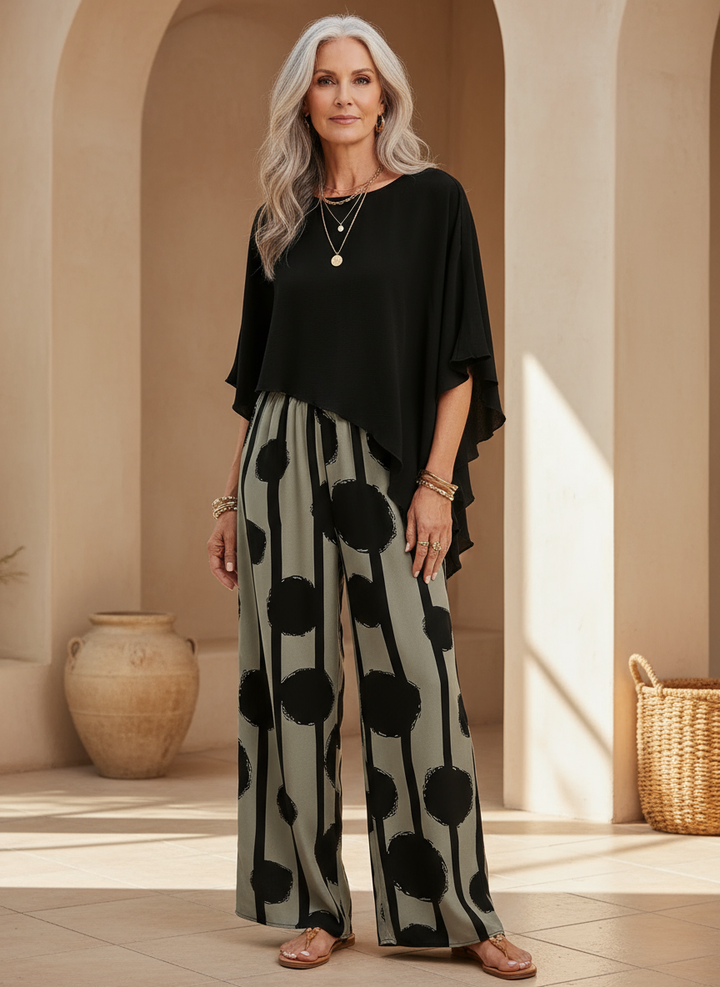 Elyra - Asymmetric Boat-Neck Printed Two-Piece Set