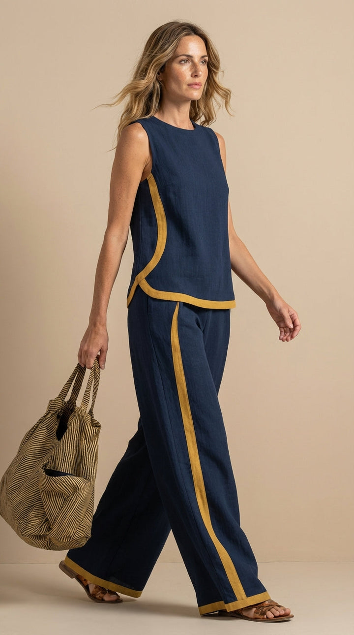 Olyra - Contrast-Trim Linen-Cotton Set