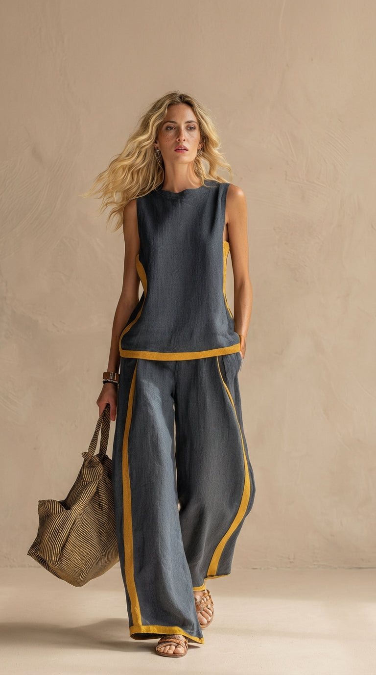Olyra - Contrast-Trim Linen-Cotton Set