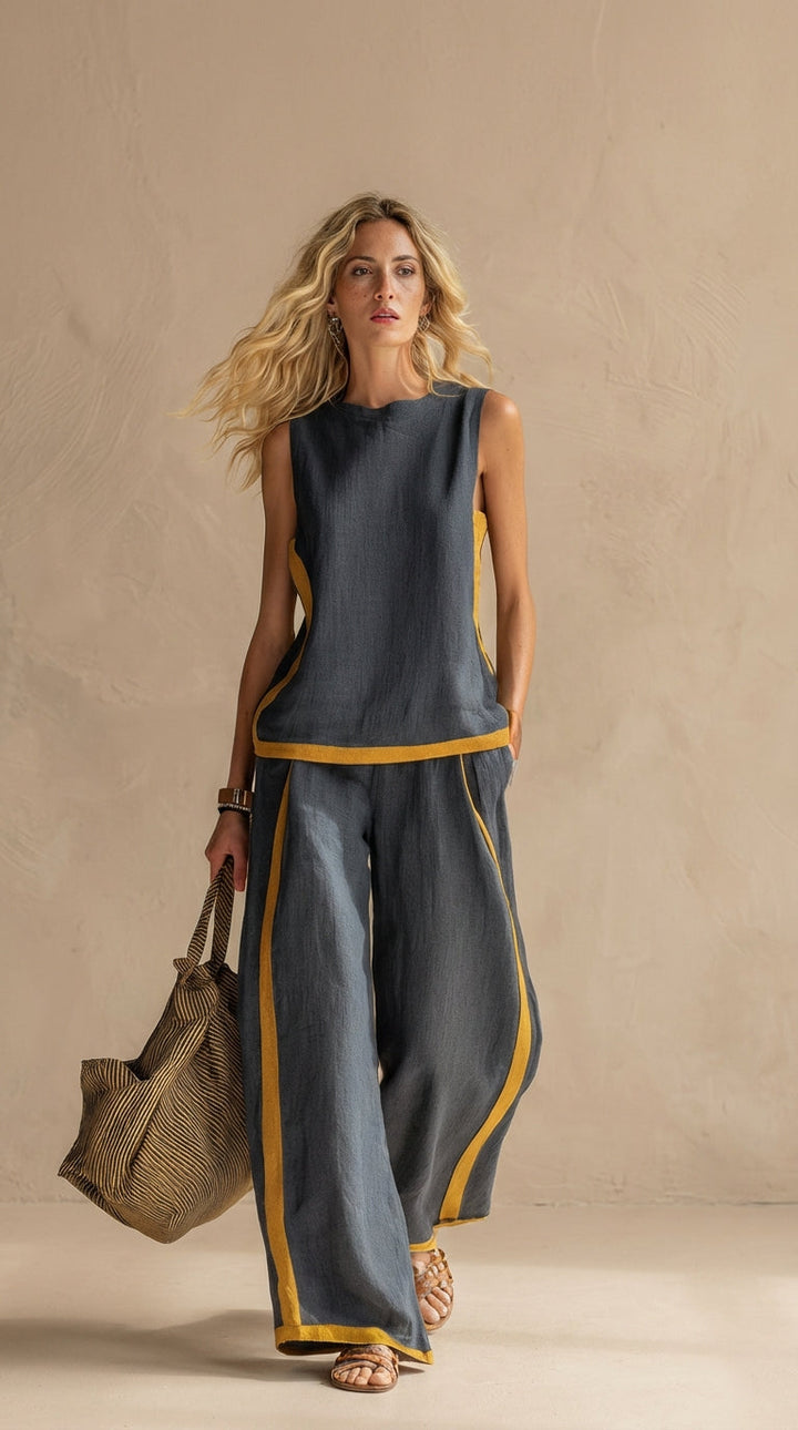 Olyra - Contrast-Trim Linen-Cotton Set