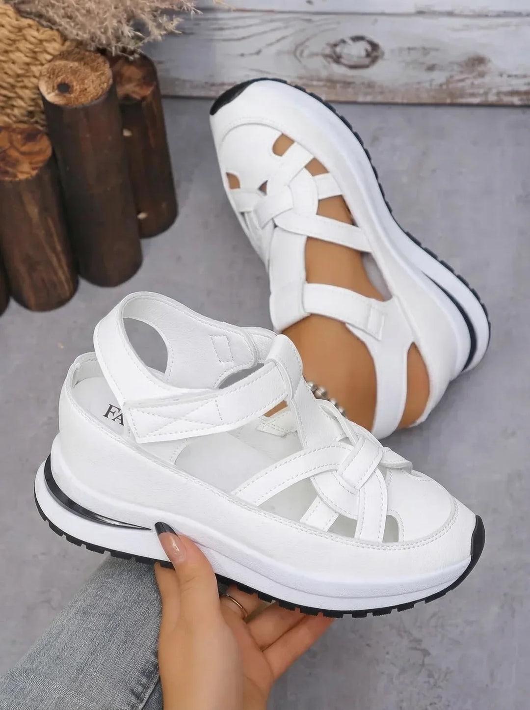 Orlise - Velcro-Strap Rubber-Sole Wedge Sandals