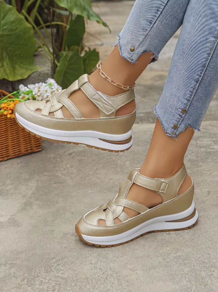 Orlise - Velcro-Strap Rubber-Sole Wedge Sandals