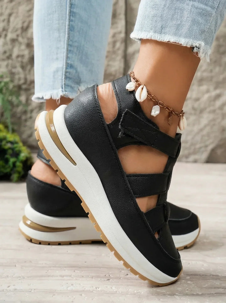Orlise - Velcro-Strap Rubber-Sole Wedge Sandals