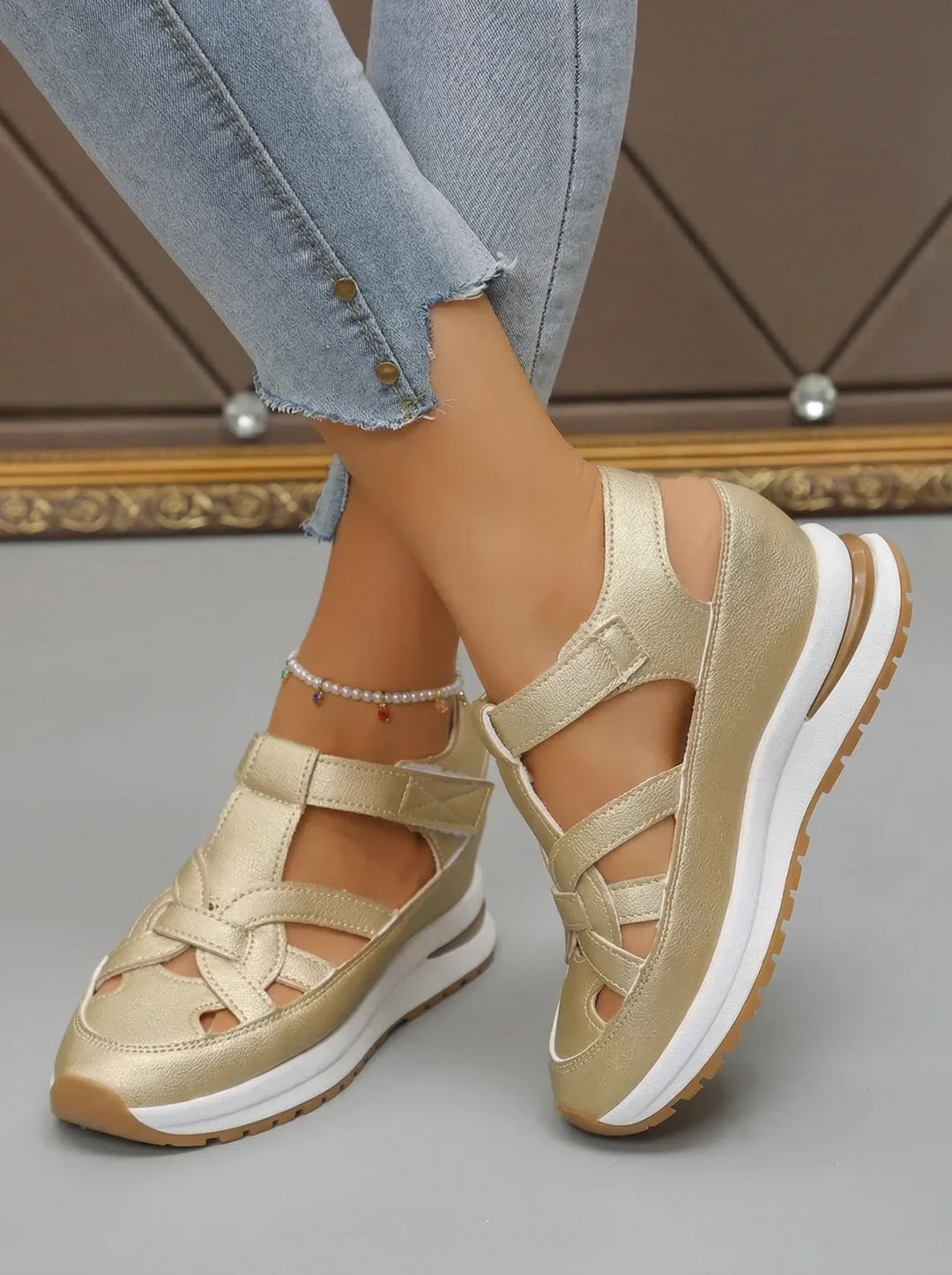 Orlise - Velcro-Strap Rubber-Sole Wedge Sandals