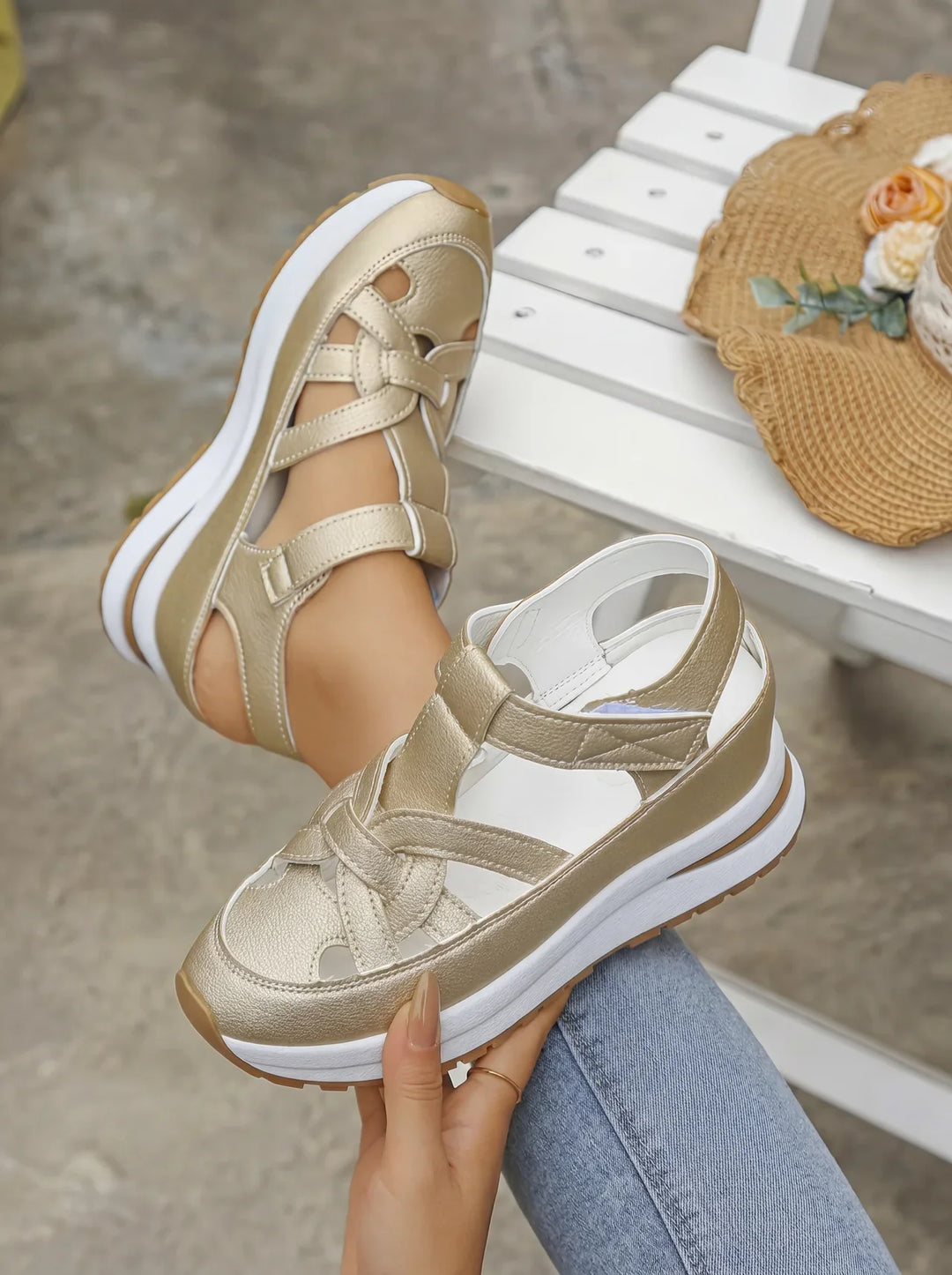 Orlise - Velcro-Strap Rubber-Sole Wedge Sandals