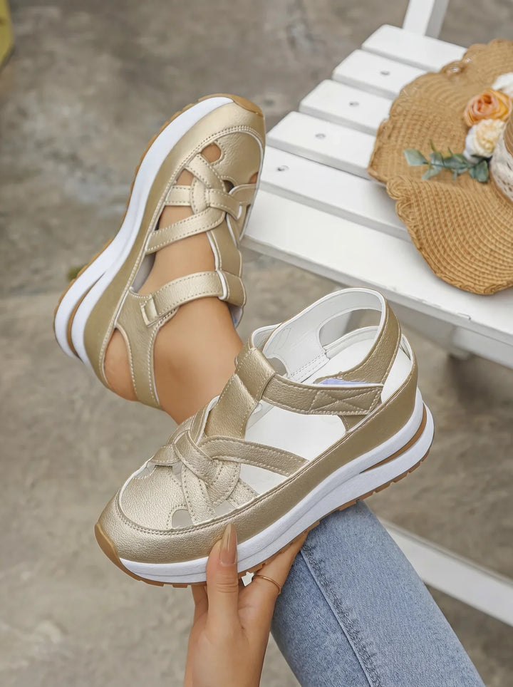 Orlise - Velcro-Strap Rubber-Sole Wedge Sandals