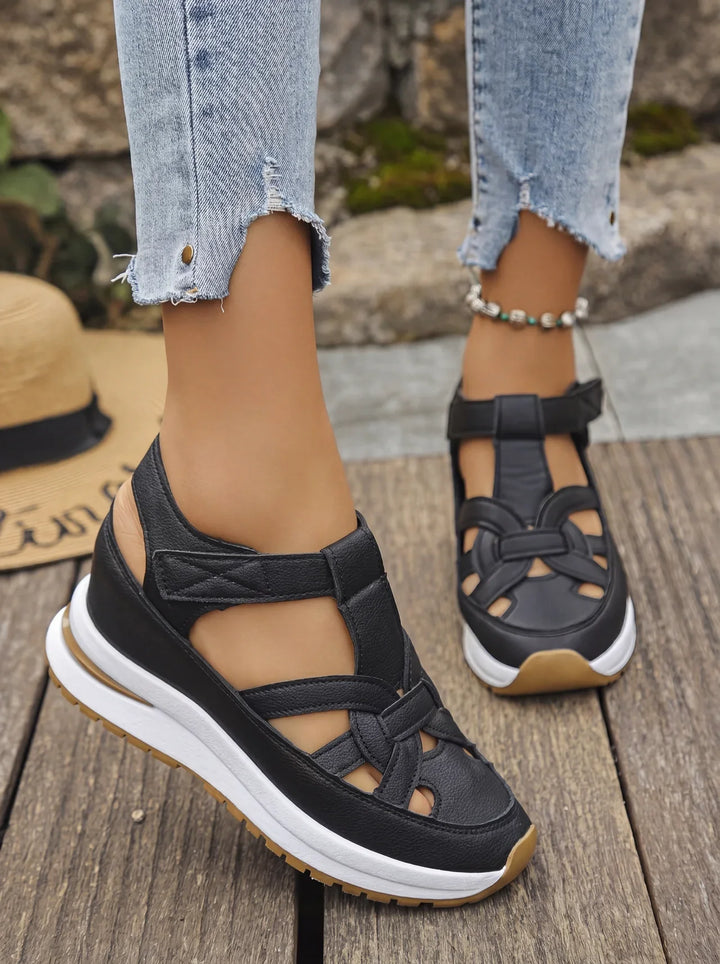 Orlise - Velcro-Strap Rubber-Sole Wedge Sandals