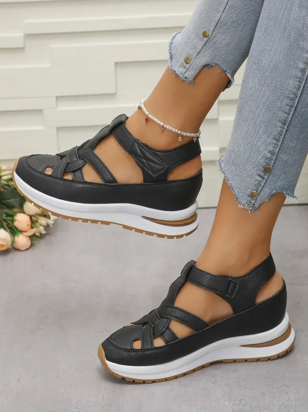 Orlise - Velcro-Strap Rubber-Sole Wedge Sandals