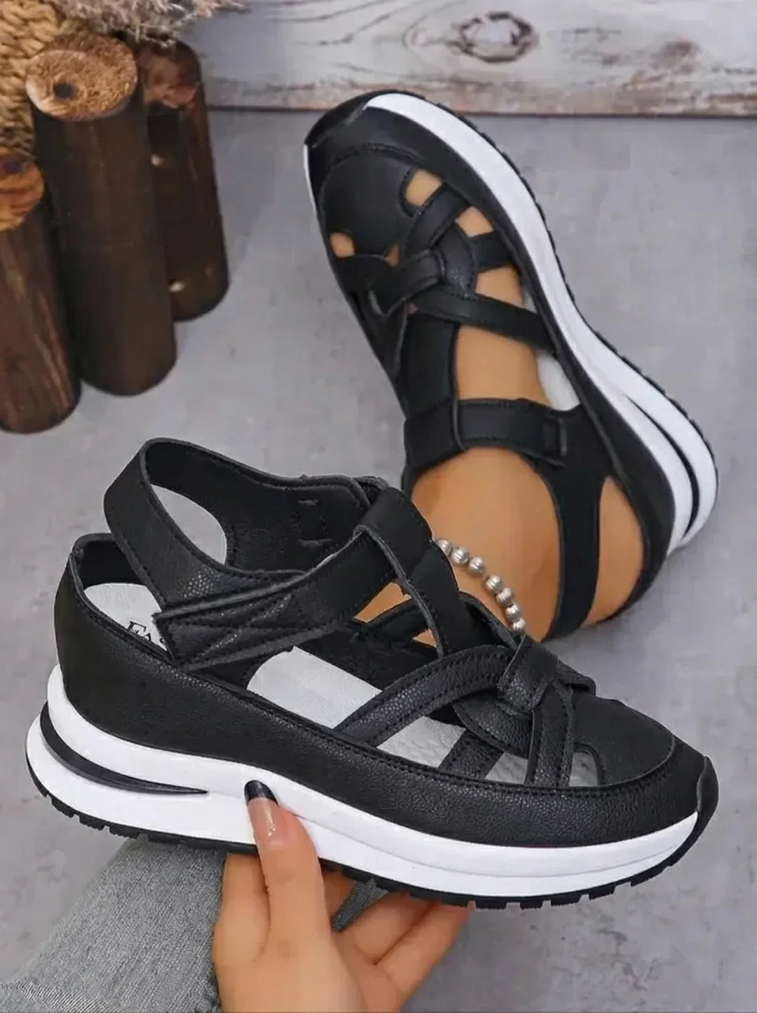 Orlise - Velcro-Strap Rubber-Sole Wedge Sandals