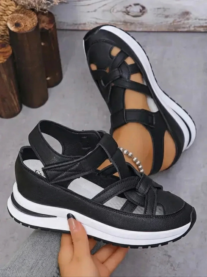 Orlise - Velcro-Strap Rubber-Sole Wedge Sandals
