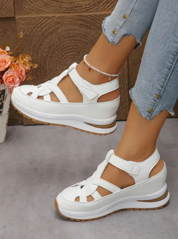 Orlise - Velcro-Strap Rubber-Sole Wedge Sandals