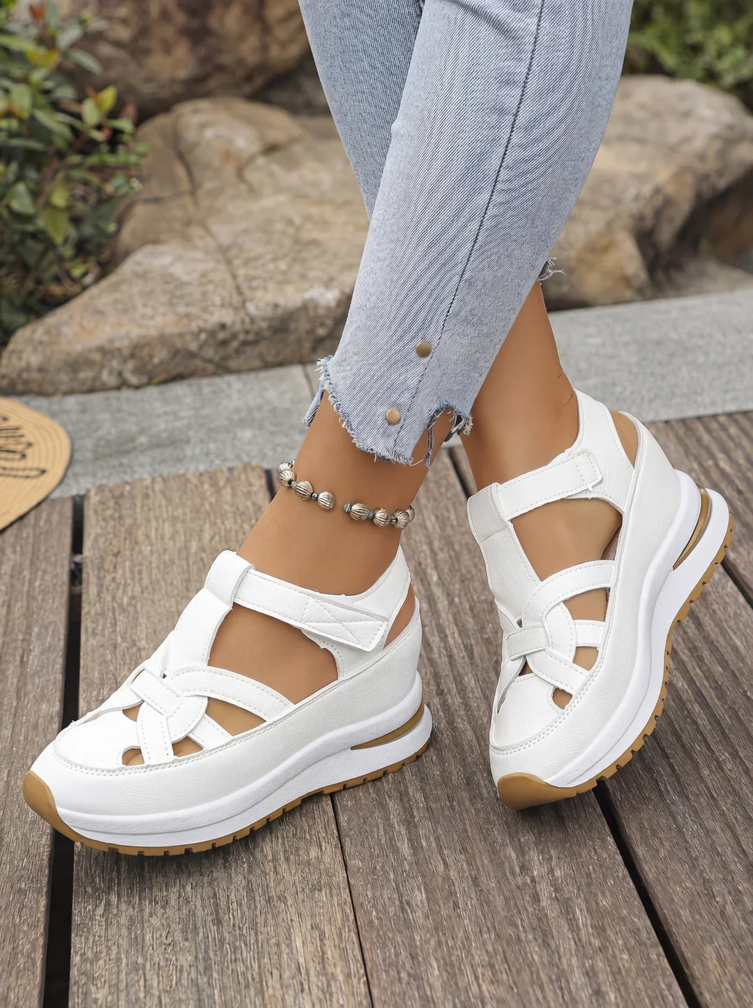 Orlise - Velcro-Strap Rubber-Sole Wedge Sandals
